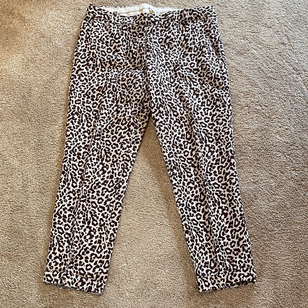 J Crew Linen Leopard Print Cafe Capri Pants w Pockets Cuffed Hem Brown Tan 10